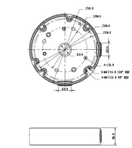 Technische lijntekening van de witte Dahua PFA138A V2 aluminium aansluitdoos met afmetingen en montagepunten.