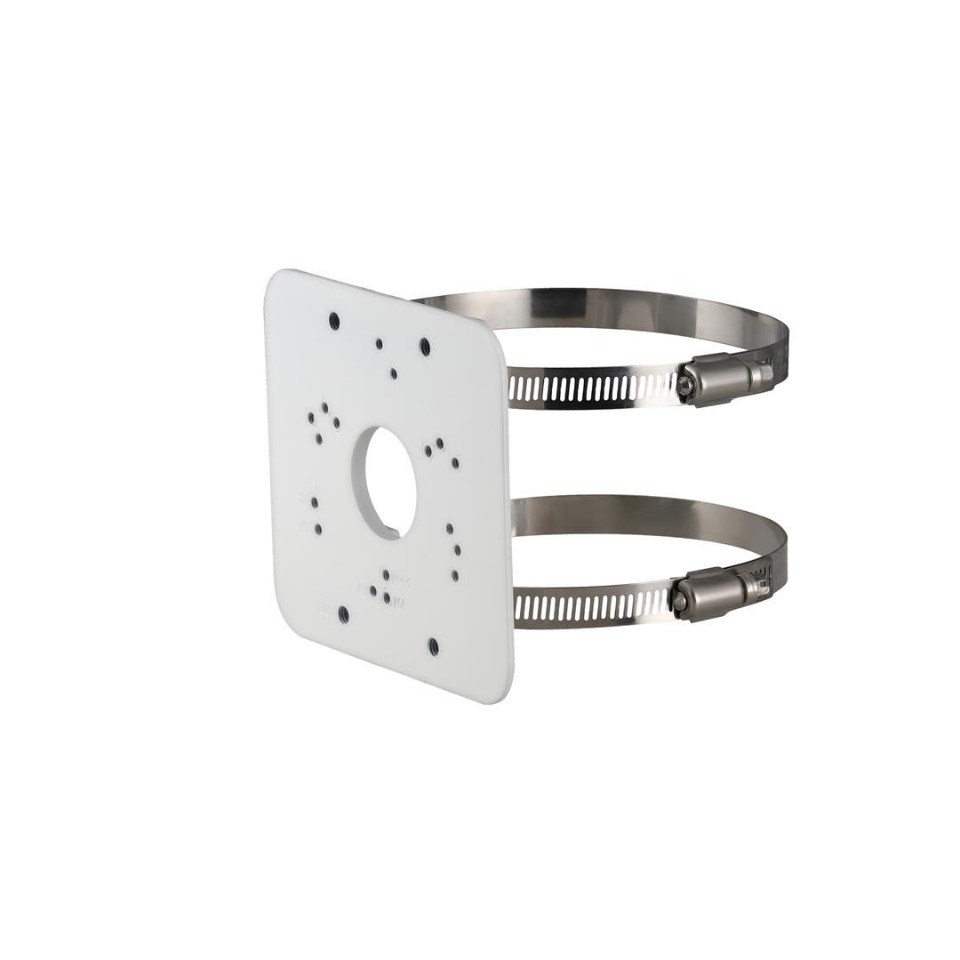 Witte Dahua PFA152-E paalmontagebeugel van SECC-staal met twee metalen bevestigingsringen voor cameramontage.