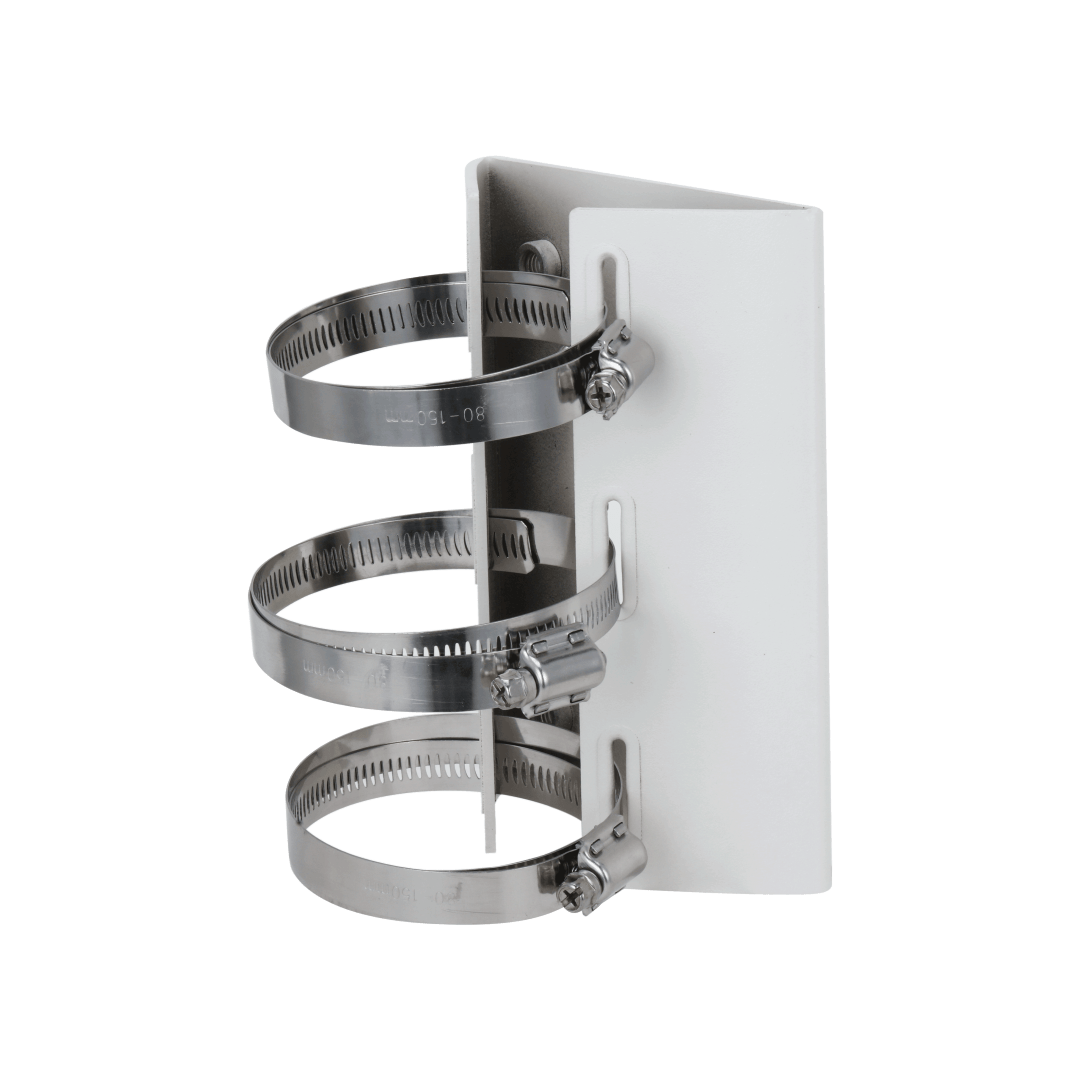 Witte Dahua PFA155A anti-corrosie paalmontagebeugel van roestvrij staal met drie verstelbare metalen klembanden.