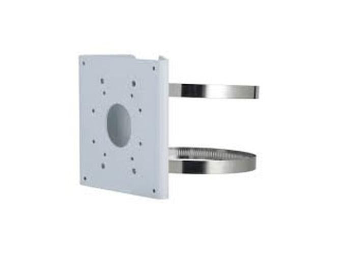 Witte Dahua PFA156 aluminium paalmontagebeugel met metalen bevestigingsringen voor beveiligingscamera's.