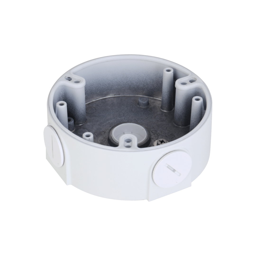 Witte aluminium junction box voor Dahua dome camera's met kabeluitlaten en montagepunten.