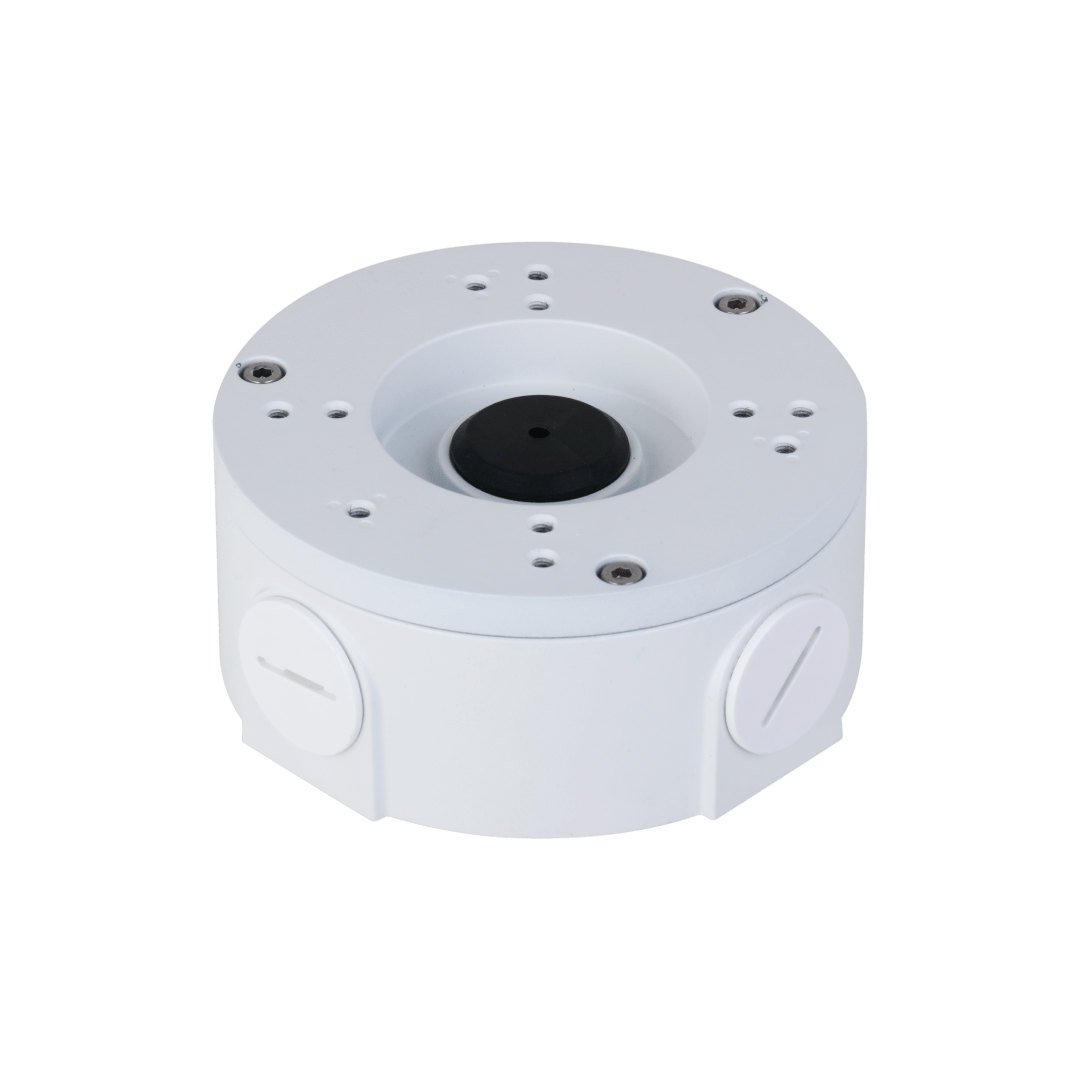 Witte Dahua PFA3310R aluminium junction box voor dome camera's met kabeluitlaten en IP66 bescherming.
