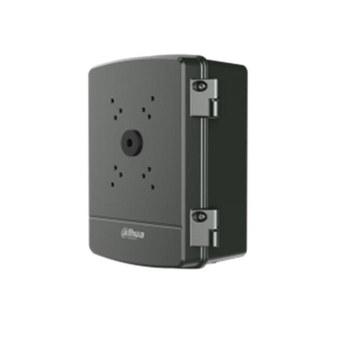 Zwarte Dahua PFA6400S waterdichte aluminium voedingskast voor PTZ- en IP-camera's met scharnierdeur.