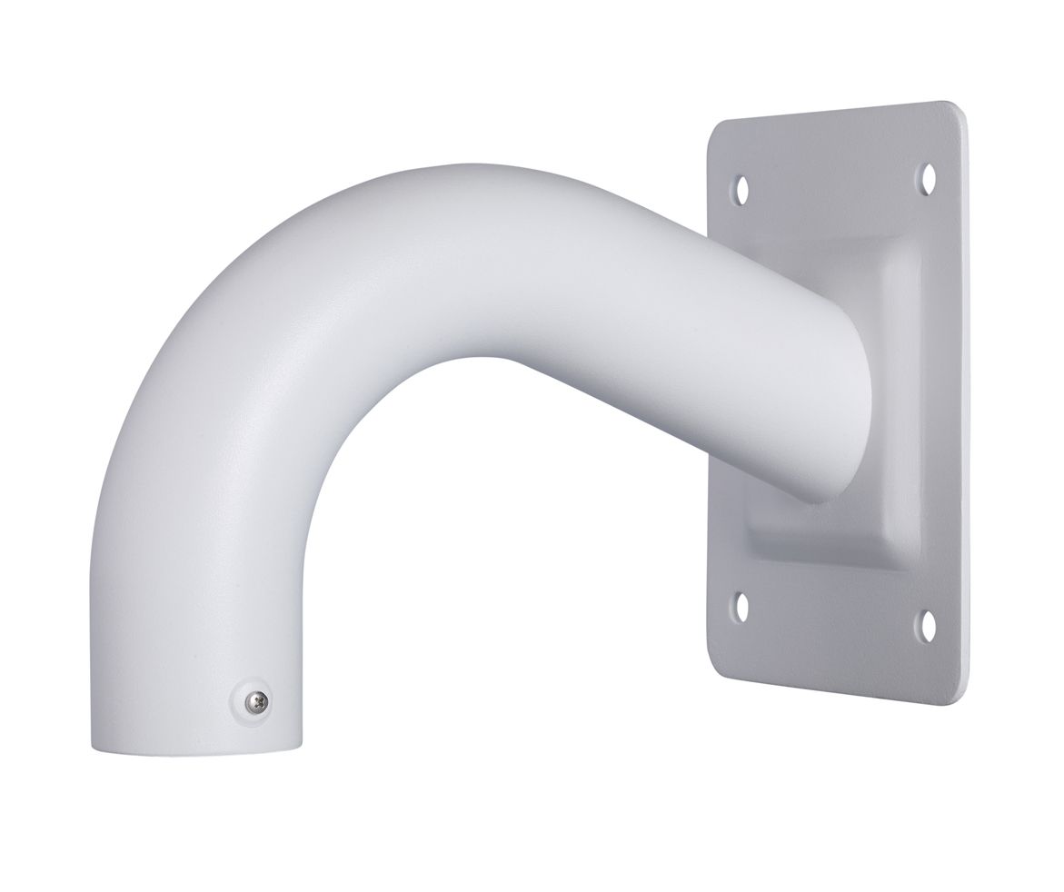 Witte Dahua PFB300S aluminium muurbevestigingsbeugel voor camera's met een gebogen design en montageplaat.
