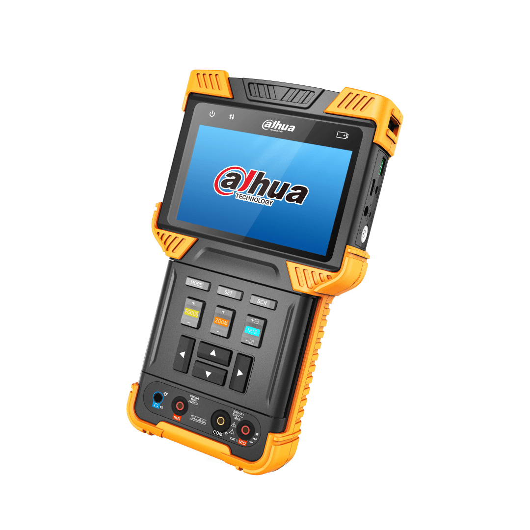 Dahua PFM900E-V2 cameratester met 4 inch TFT-scherm, oranje behuizing en bedieningsknoppen voor IP- en analoge systemen.