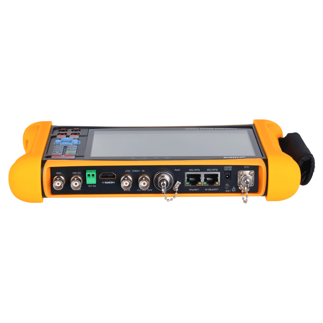 Dahua PFM906-E mount tester met 7 inch touchscreen, oranje beschermrand en diverse aansluitpoorten voor camerabeheer.