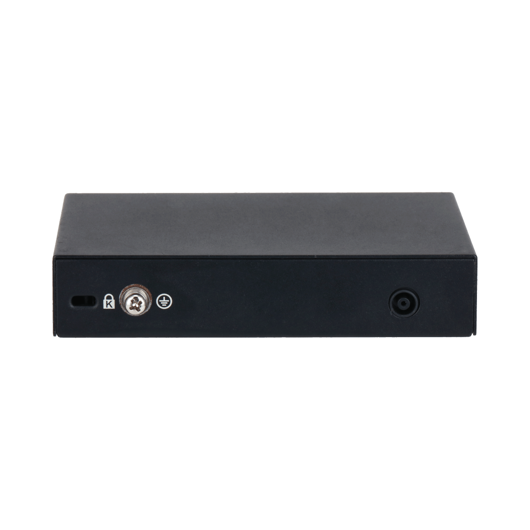 Zwarte metalen behuizing van Dahua PFS3005-4ET-60 switch met Kensington-slot, aardingspunt en voedingsaansluiting.