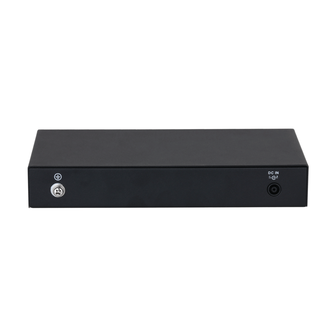 Zwarte metalen achterkant van Dahua PoE-switch met aardingspunt en DC-ingang.