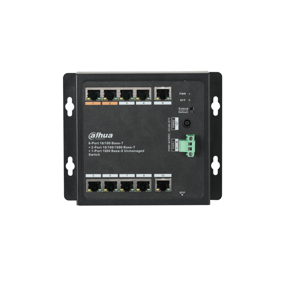 Zwarte Dahua PFS3111-8ET-96-F PoE-switch met metalen behuizing, 8 Ethernet-poorten, SFP-poort en stroomaansluitingen.