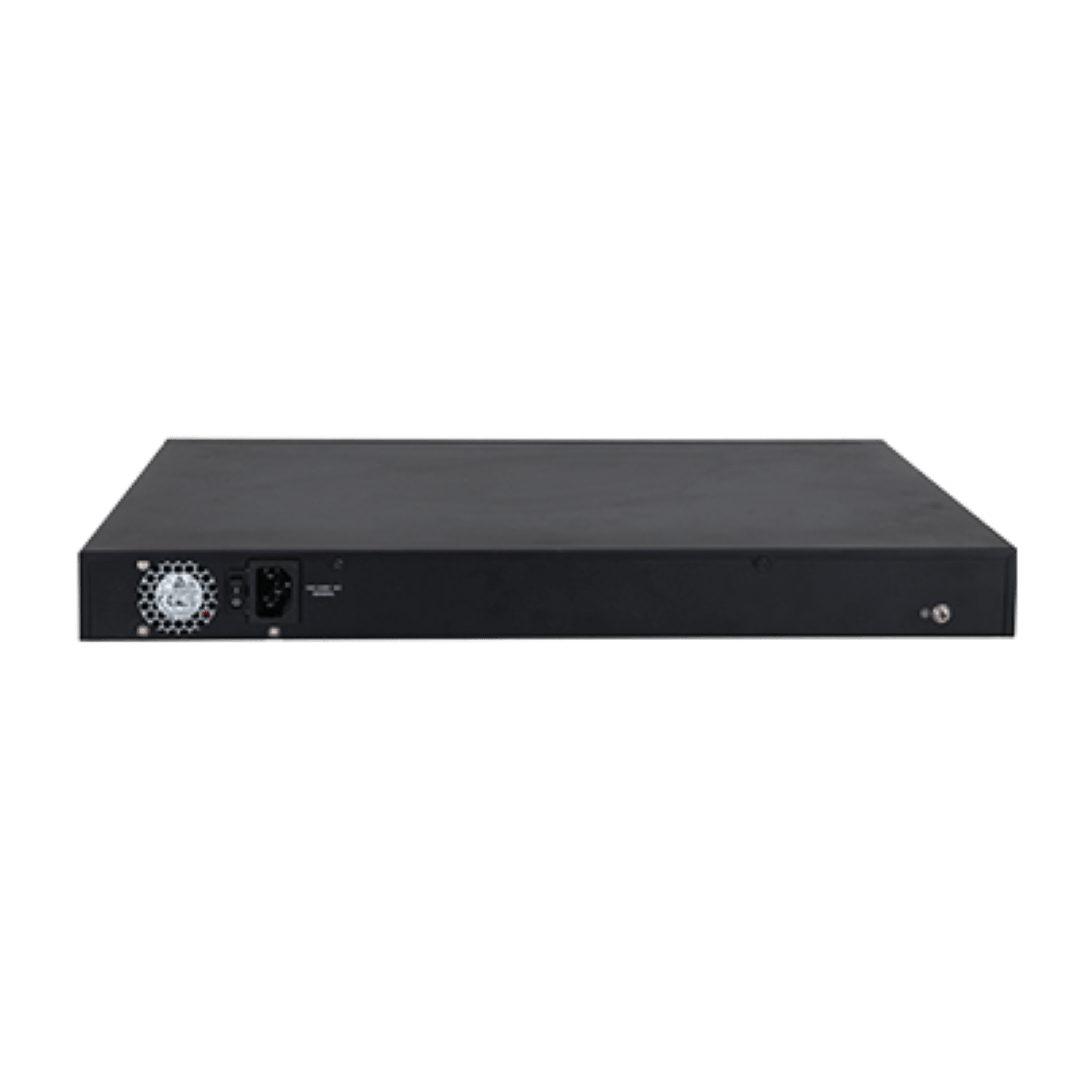 Zwarte metalen achterkant van Dahua PFS3228-24GT-240 PoE-switch met stroomaansluiting en koelventilator.