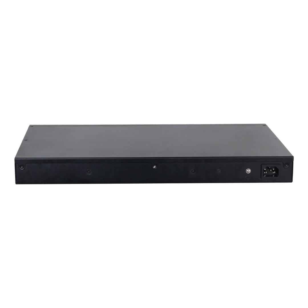 Zwarte metalen behuizing van de Dahua PFS4226-24GT-370 managed PoE-switch met stroomaansluiting aan de achterzijde.
