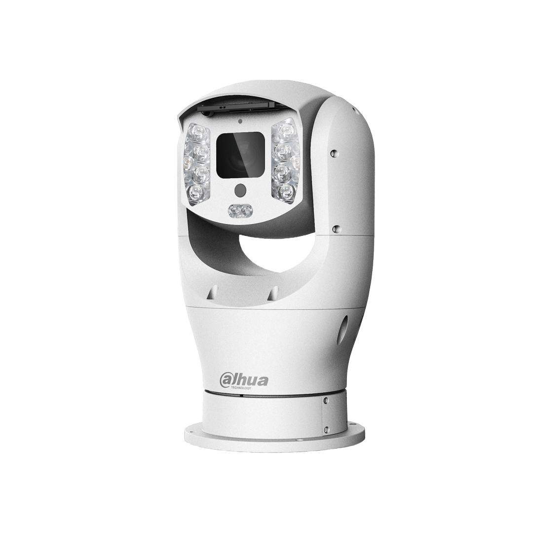 Witte Dahua PTZ-beveiligingscamera met 45x zoom, krachtige IR-verlichting en robuuste IP68-behuizing voor professionele bewaking.