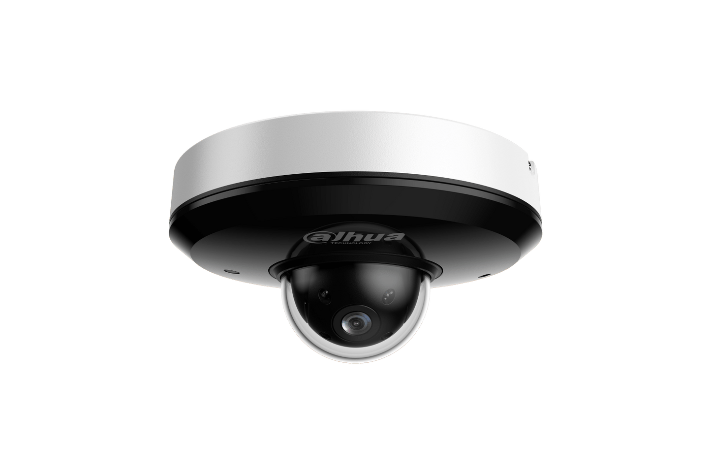 Dahua SD1A404DB-GNY 4MP PTZ-beveiligingscamera met wit-zwarte behuizing en glazen koepel voor plafondmontage.
