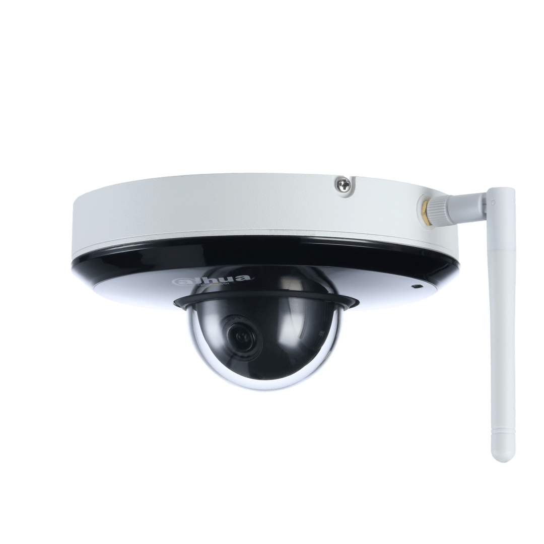 Witte Dahua PTZ mini speed dome camera met zwarte lenskoepel en externe WiFi-antenne voor draadloze bewaking.