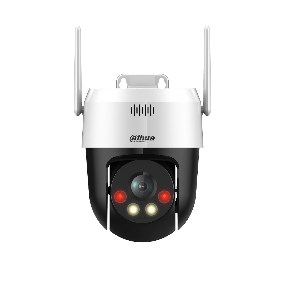 Witte Dahua PT-beveiligingscamera met twee Wi-Fi-antennes, zwarte lensmodule en ingebouwde alarmverlichting.