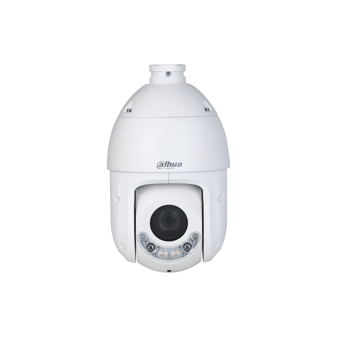 Witte Dahua TiOC PTZ-beveiligingscamera met 25x zoomlens en geïntegreerde waarschuwingsverlichting.