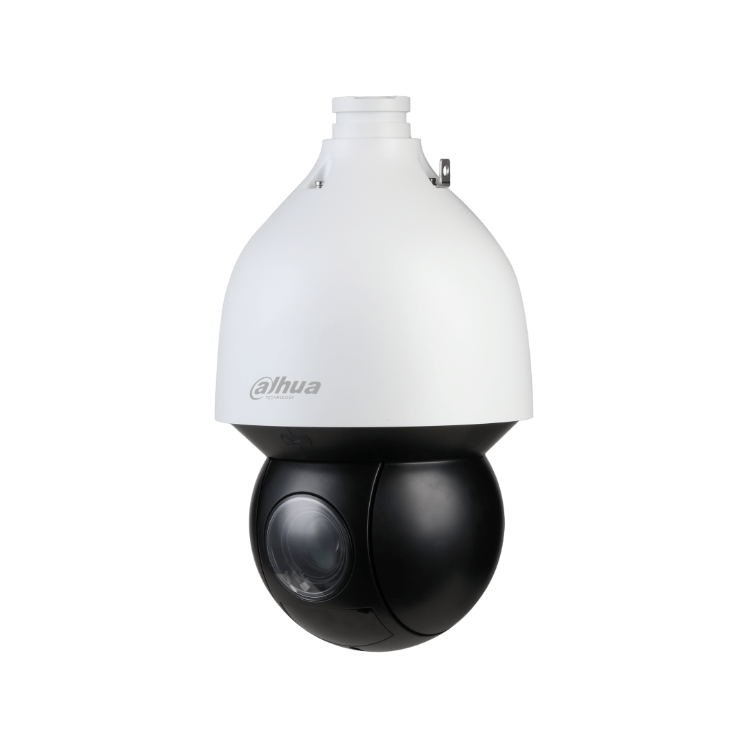 Witte Dahua PTZ-beveiligingscamera met zwarte lensbehuizing en robuust design voor buitengebruik.