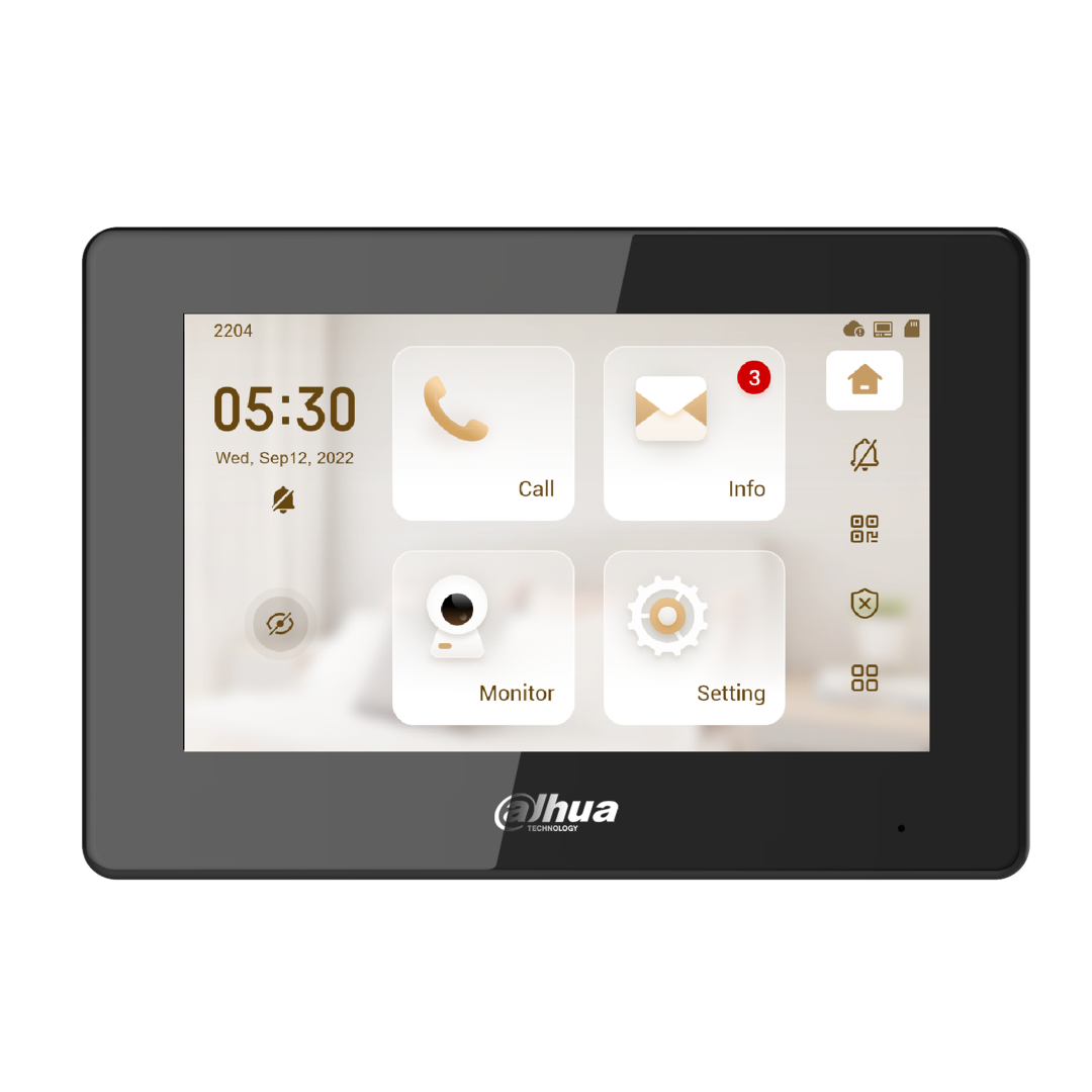 Zwarte Dahua 7-inch binnenmonitor met capacitief touchscreen en randloos 2.5D glazen design.