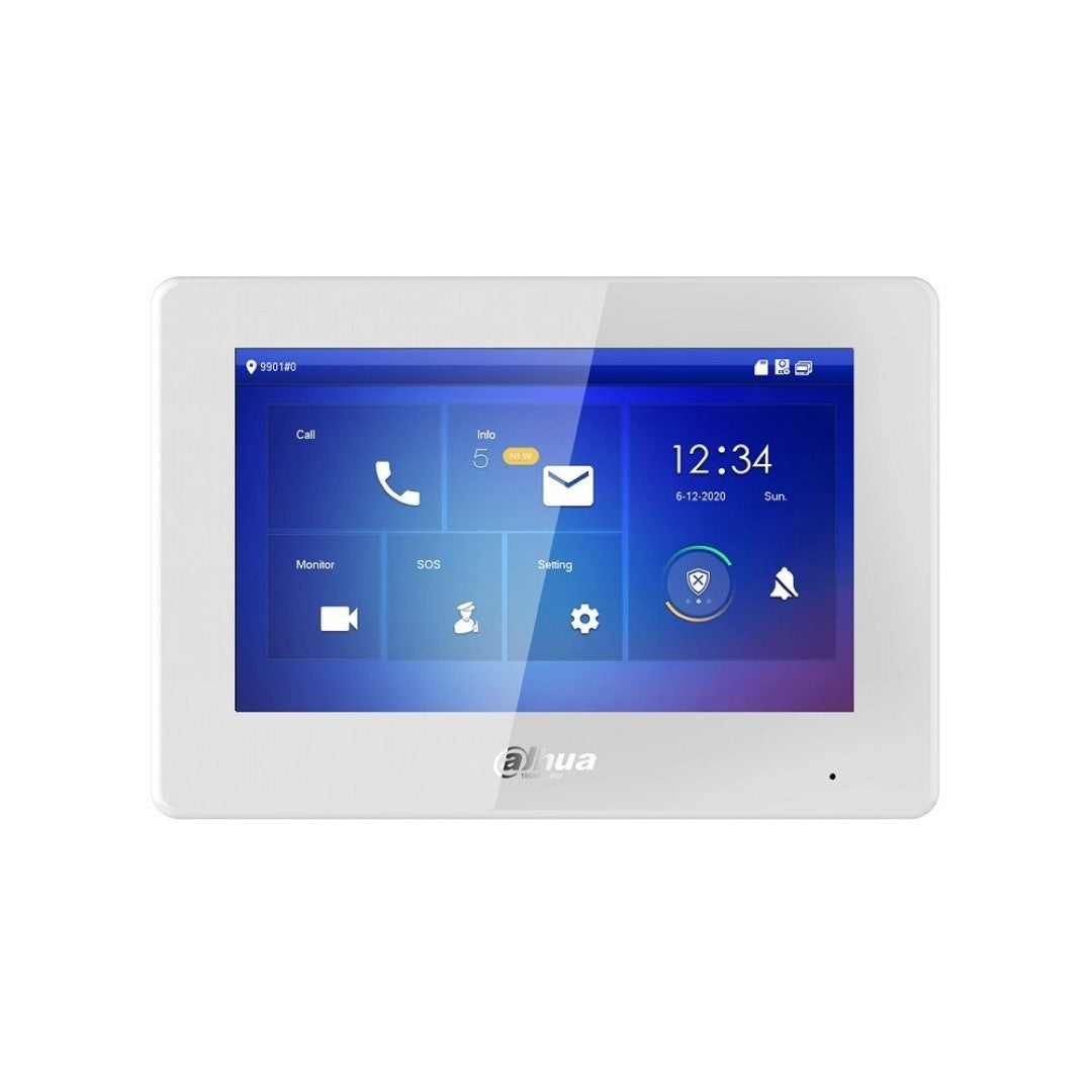 Witte Dahua 7 inch touchscreen binnenmonitor met 2.5D glas en strak randloos design voor alarmsystemen.