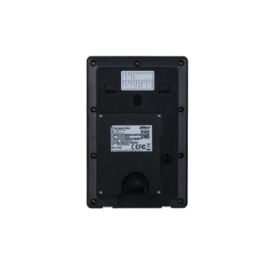 Zwarte achterzijde van Dahua VTO2211G-WP-S2 video intercom met montagebeugel en productinformatie label.