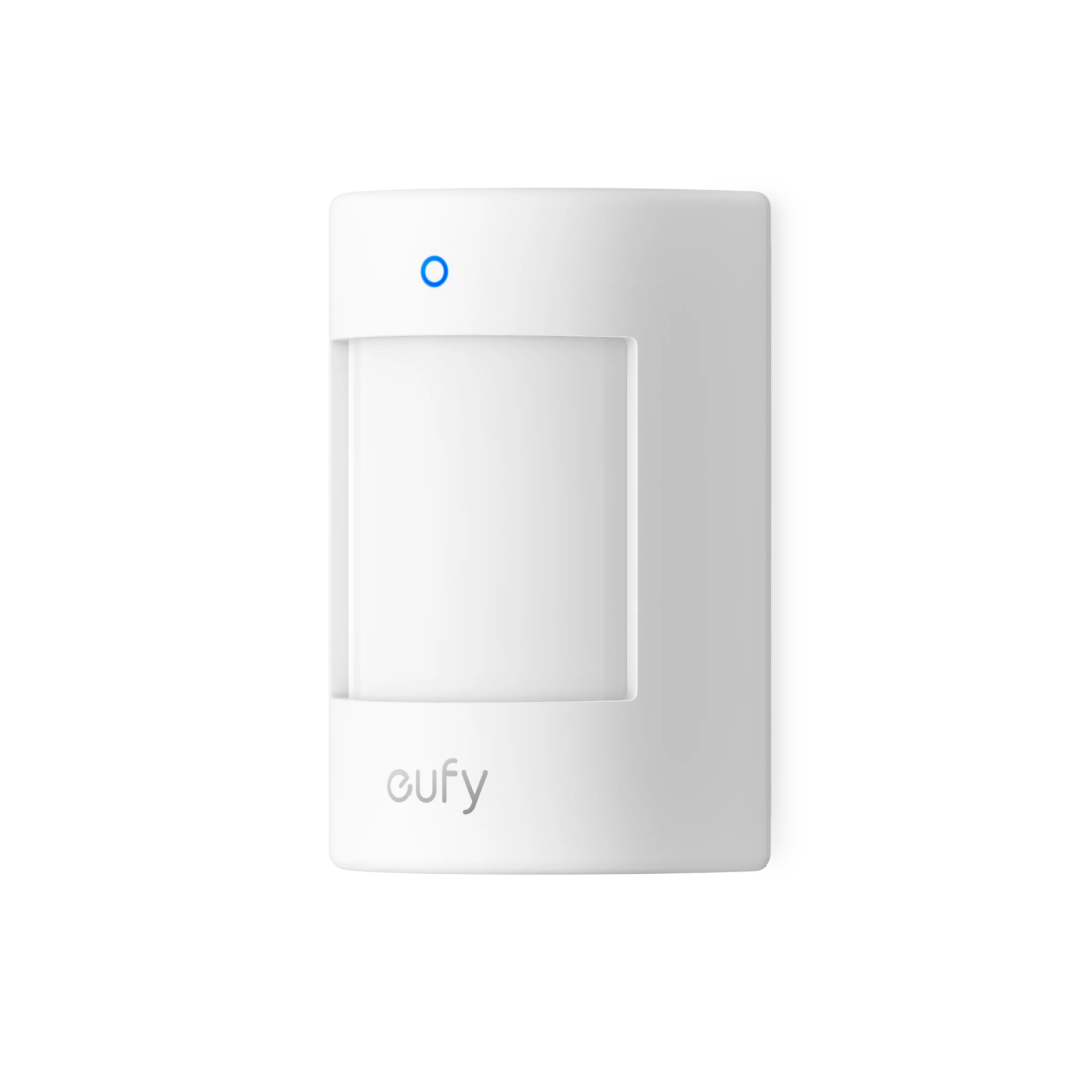 Witte, compacte Eufy E20 draadloze bewegingssensor met blauw indicatielampje en strak design.