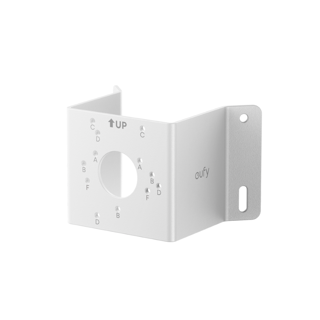 Witte metalen Eufy hoekmontagebeugel voor beveiligingscamera's met montagegaten en een weerbestendige coating.