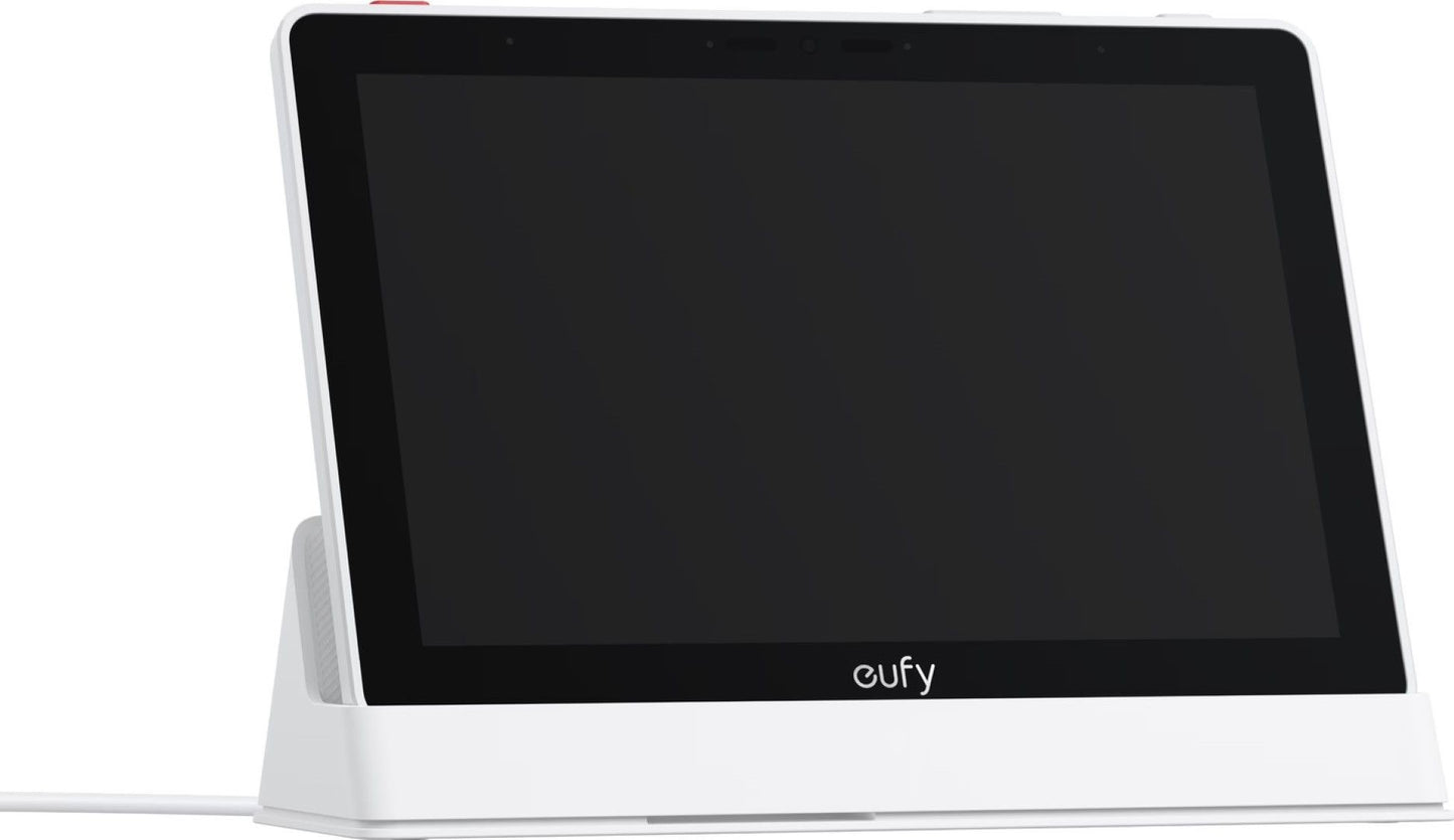 Witte Eufy Smart Display E10 met 8-inch HD-touchscreen in een strakke, moderne standaard voor beveiligingscamera's.