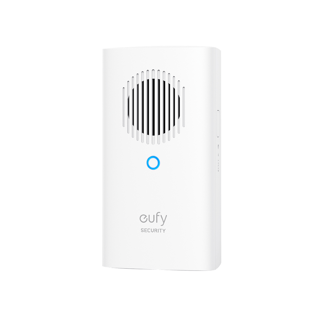 Witte Eufy draadloze deurbelgong met ronde luidspreker, blauwe led-indicator en compact, strak design.