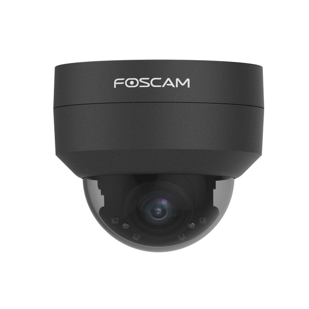 Zwarte Foscam D4Z 4MP PTZ dome-beveiligingscamera met 4x optische zoom voor buiten.