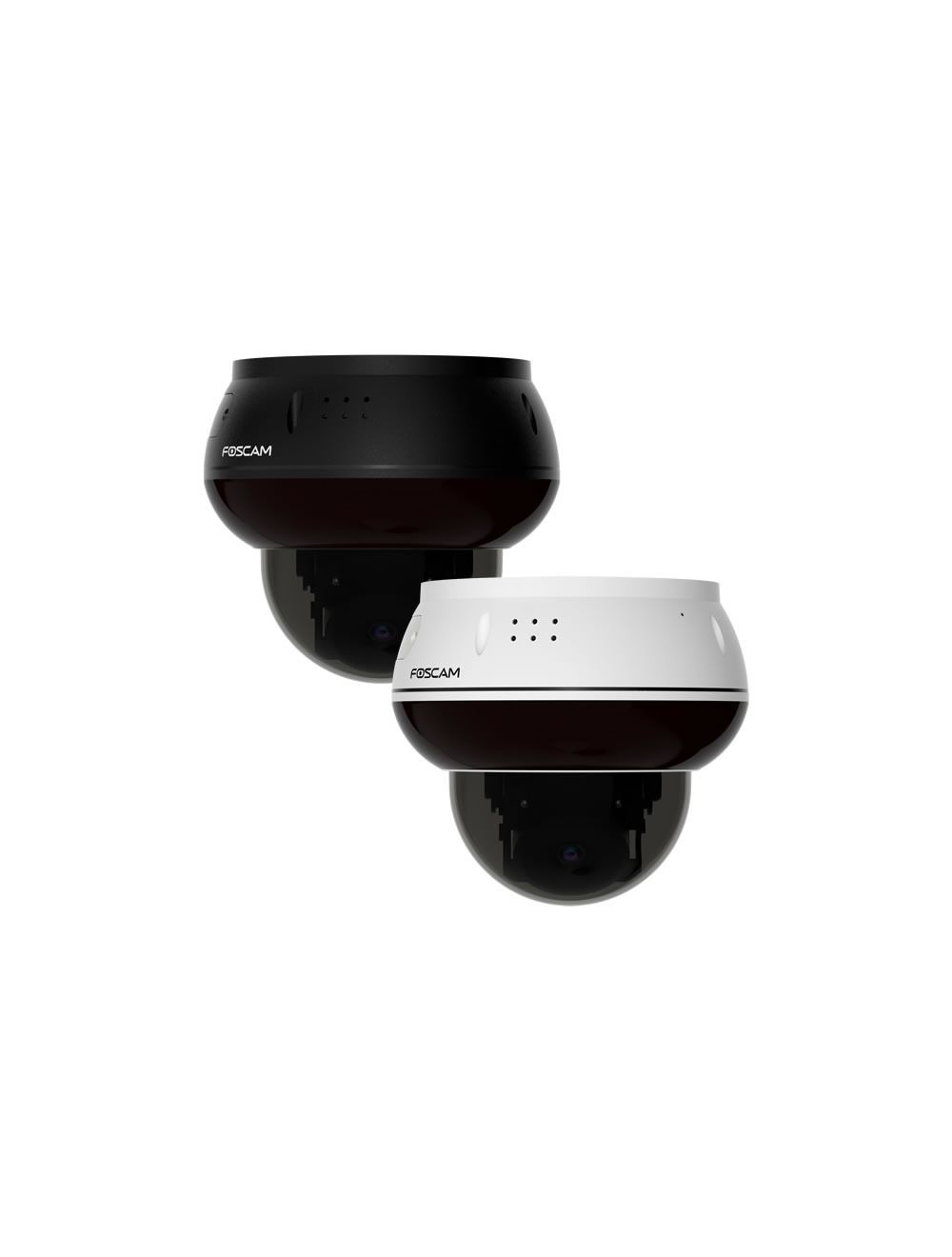 Witte en zwarte Foscam D8ET 8MP 4K PoE PTZ-beveiligingscamera's met vandaalbestendig koepelontwerp.