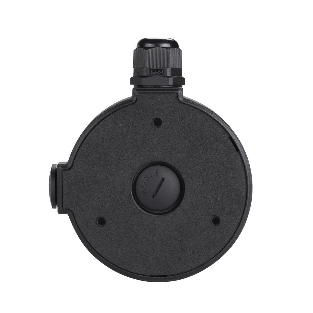 Zwarte Foscam FAB61 waterdichte aansluitunit voor D2EP dome camera's met IP68 kabelwartel en 110mm diameter.