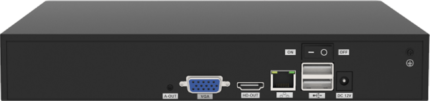 Zwarte Foscam FNA108H 8-kanaals NVR recorder achterkant met VGA, HDMI, USB en netwerkaansluitingen.