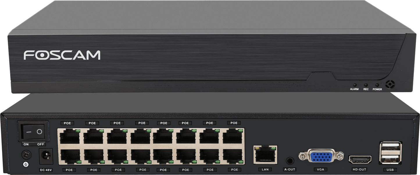 Zwarte Foscam 16-kanaals 4K NVR met 16 PoE-poorten, VGA, HDMI-uitgang en USB-aansluitingen aan de achterzijde.