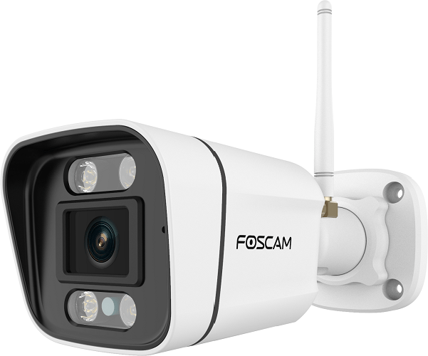 Witte Foscam V5P 5MP outdoor WiFi-beveiligingscamera met spotlight, antenne en wandmontagebeugel.