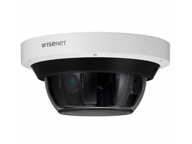 Wisenet 20MP 360° panoramische buitencamera met witte behuizing en zwarte dome-lens voor professionele beveiliging.