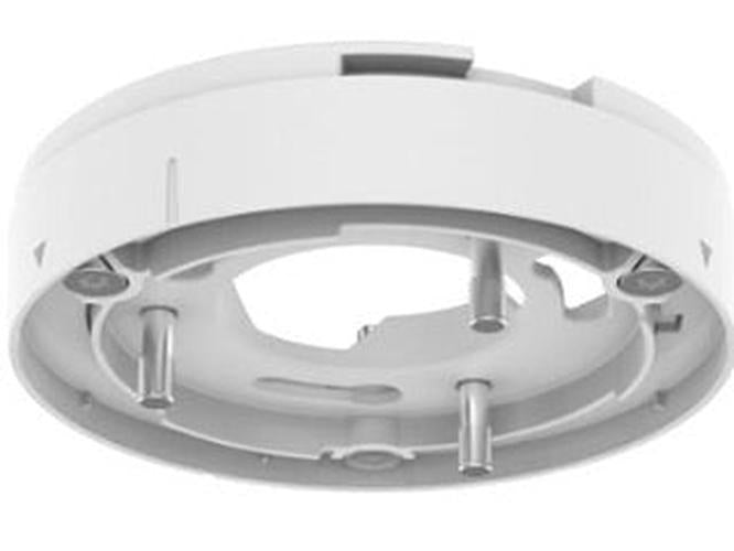 Witte Hanwha SBP-115PA plafondadapter voor camera's met een ronde behuizing van 125 mm en metalen montagepunten.