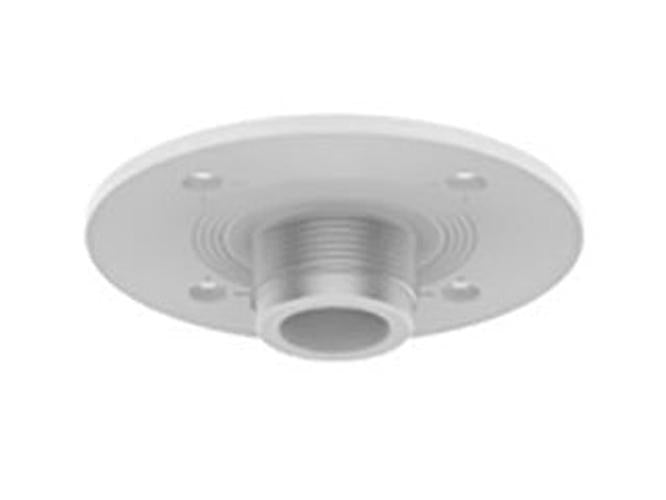 Witte, ronde Hanwha SBP-140CMB aluminium montagebeugel voor beveiligingscamera's met schroefdraad en montagegaten.