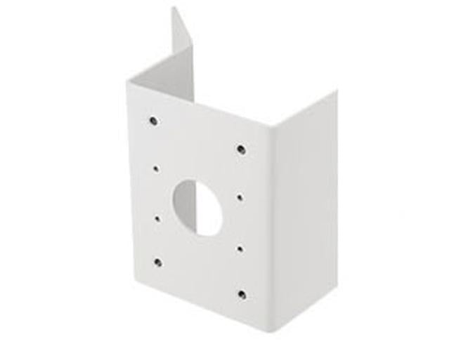 Witte, weerbestendige Hanwha SBP-156KMW wandmontagebeugel voor beveiligingscamera's met montagegaten.