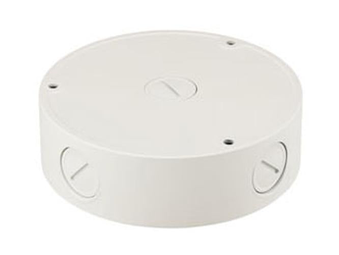 Witte, ronde Hanwha SBV-136B aluminium wandbeugel voor beveiligingscamera's met kabeldoorvoeropeningen.