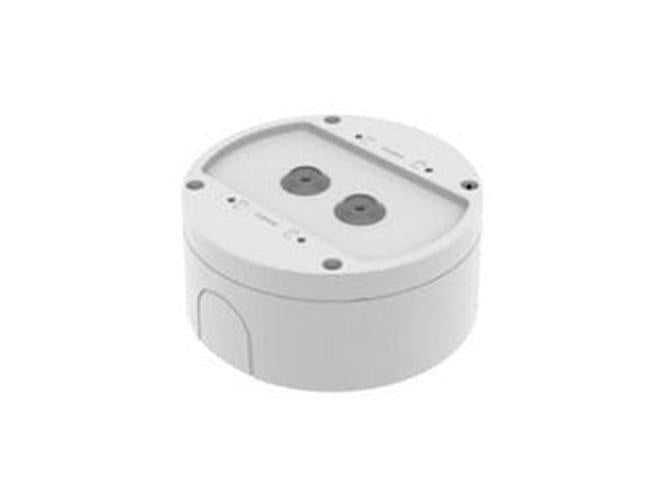 Witte, ronde Hanwha SBV-140WW vandaalbestendige behuizing voor beveiligingscamera's met een hoogte van 65 mm.
