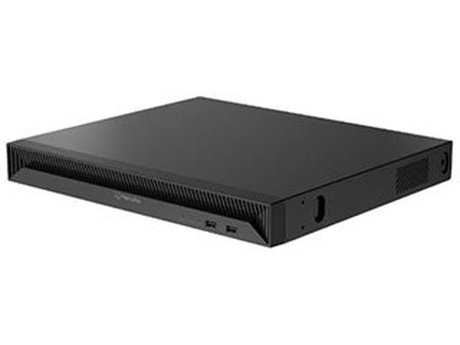 Zwarte Hanwha WRN-2010S 20-kanaals NVR netwerk videorecorder in een compacte 1U rackbehuizing met ventilatieopeningen.