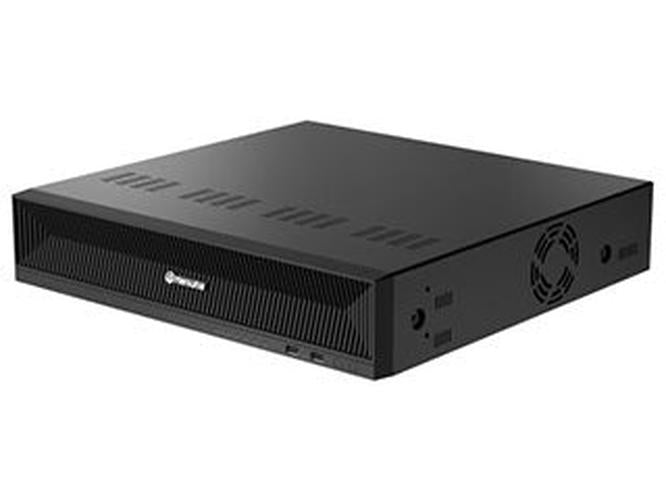 Zwarte Hanwha WRN-2110B1 20-kanaals NVR netwerk videorecorder in een robuuste 2U rackbehuizing met ventilatieopeningen.