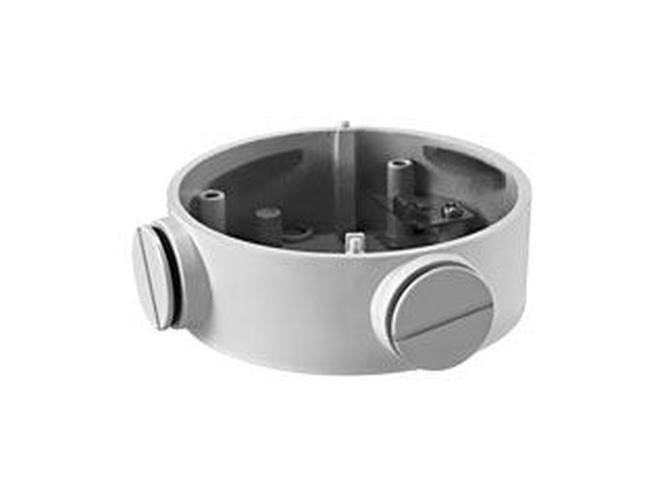 Witte Hikvision DS-1260ZJ aluminium aansluitdoos voor bullet camera's met een diameter van 88,5 mm.