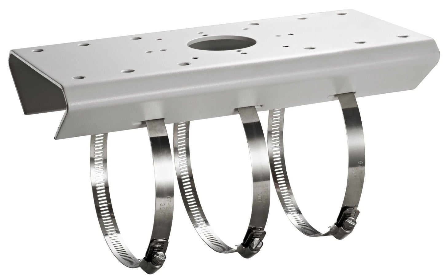 Witte Hikvision DS-1275ZJ-SUS roestvrij stalen paalbeugel met drie metalen bevestigingsbanden voor cameramontage.