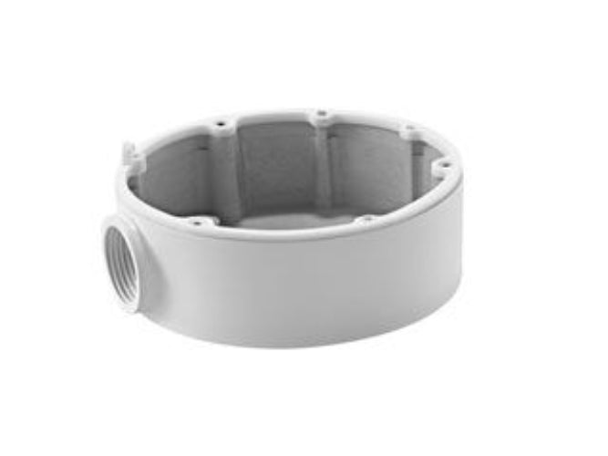 Witte, ronde aluminium aansluitdoos voor Hikvision dome camera's met een diameter van 111 mm voor nette kabelafwerking.
