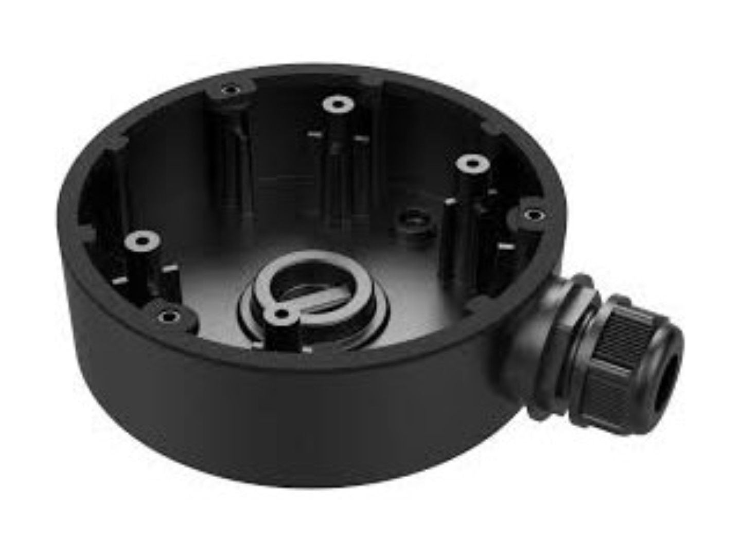 Zwarte aluminium Hikvision DS-1280ZJ-DM46 aansluitdoos voor dome camera's met een diameter van 120mm.