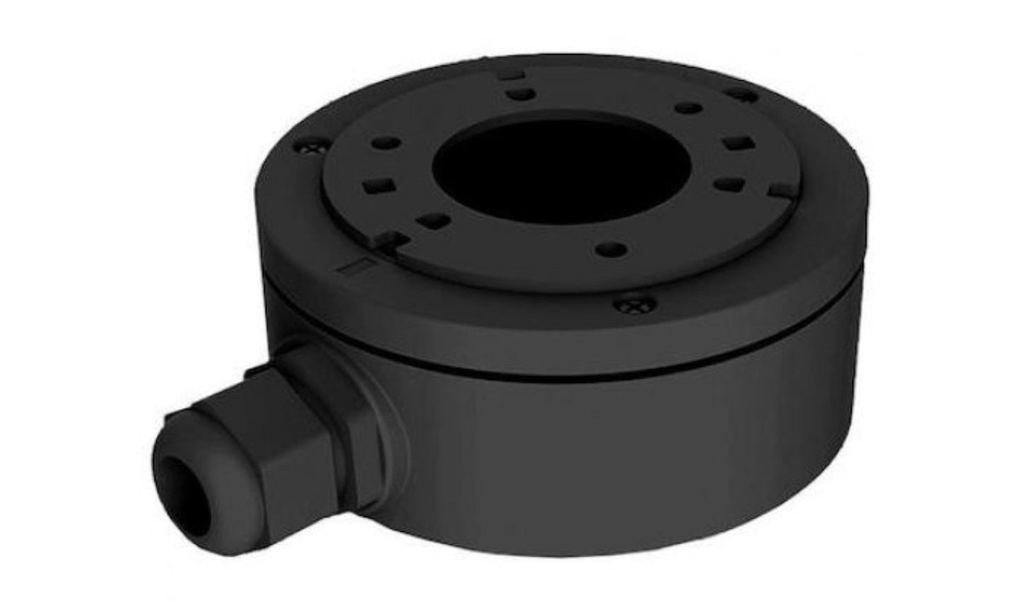 Zwarte aluminium aansluitdoos Hikvision DS-1280ZJ-DM55 voor dome camera's, diameter 155mm.