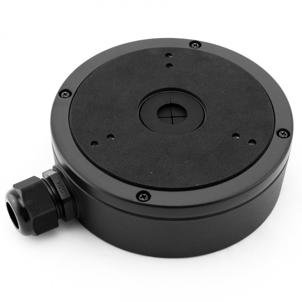 Zwarte Hikvision DS-1280ZJ-M aluminium aansluitdoos voor dome camera's met kabelwartel en ronde montageplaat.