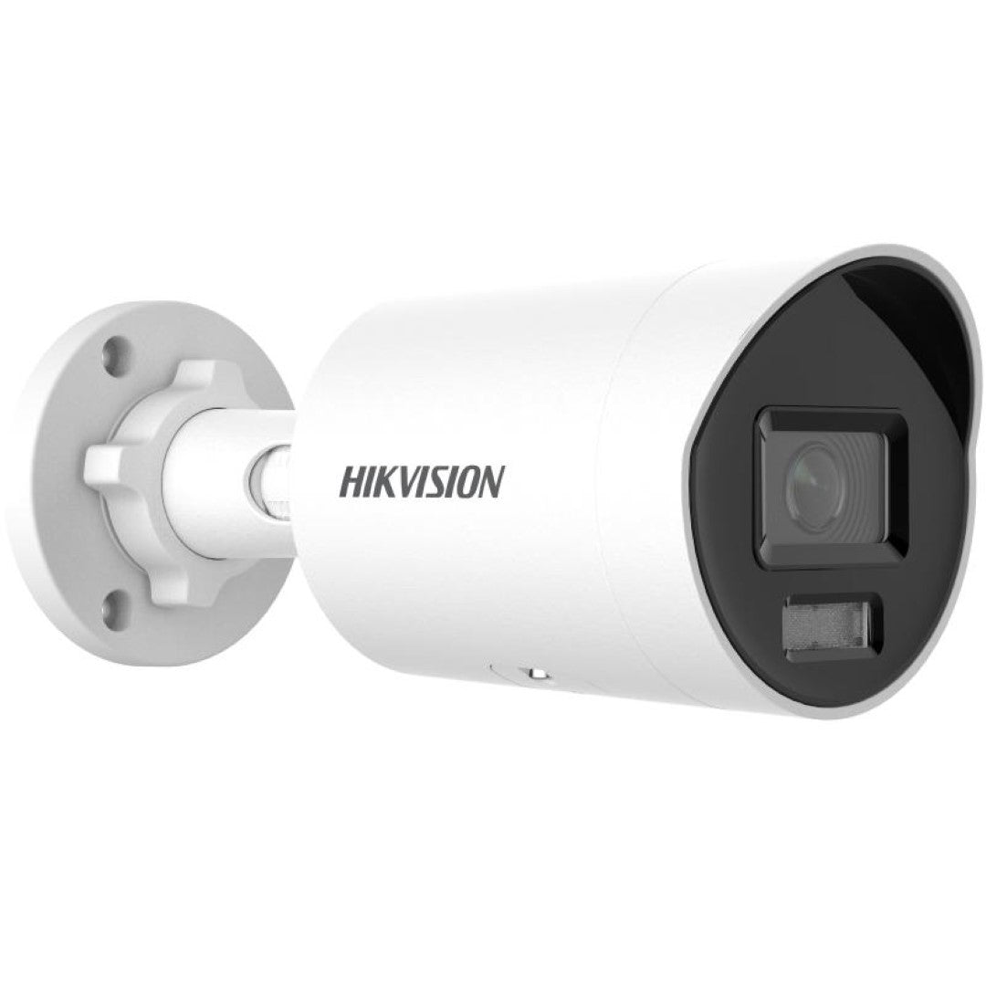 Witte Hikvision DS-2CD2046G2H-IU 4MP bullet beveiligingscamera met vaste lens en zwarte lensbehuizing voor buiten.