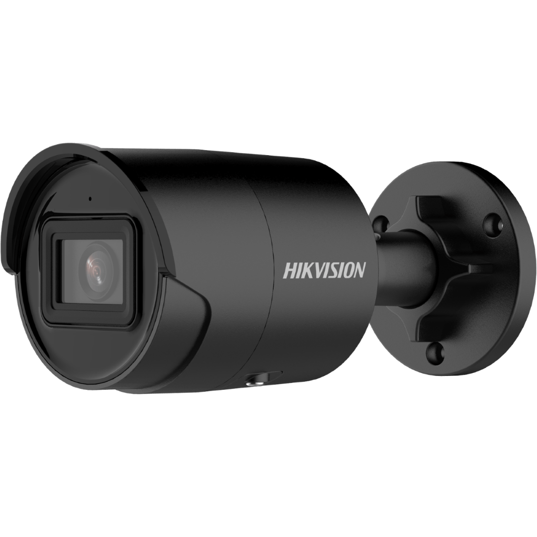Zwarte Hikvision 8MP AcuSense bullet camera met 2.8mm lens en Smart Hybrid Light technologie voor buitenbeveiliging.